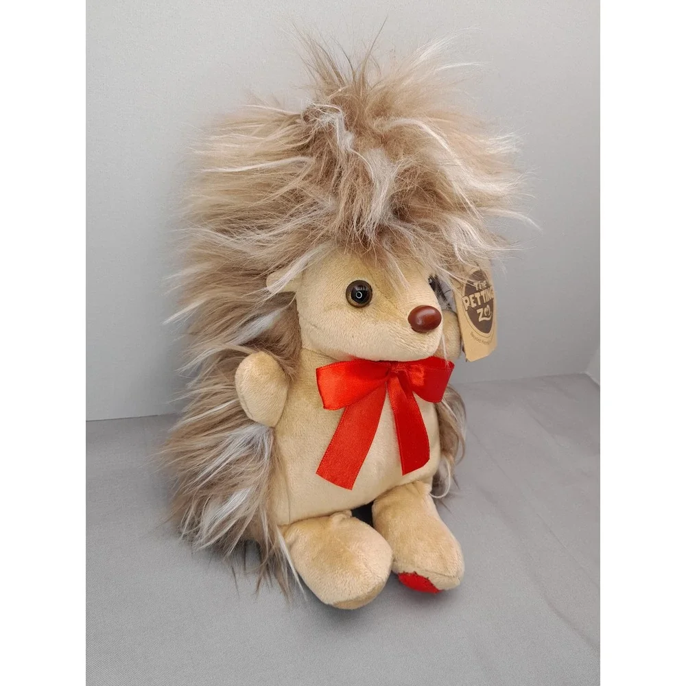 The Petting Zoo Hedgehog Plush Red Bow Heart Recycled Materials Tan Brown 9